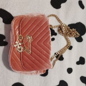 Pink Velvet Quilted Women's Bag with Gold Chain